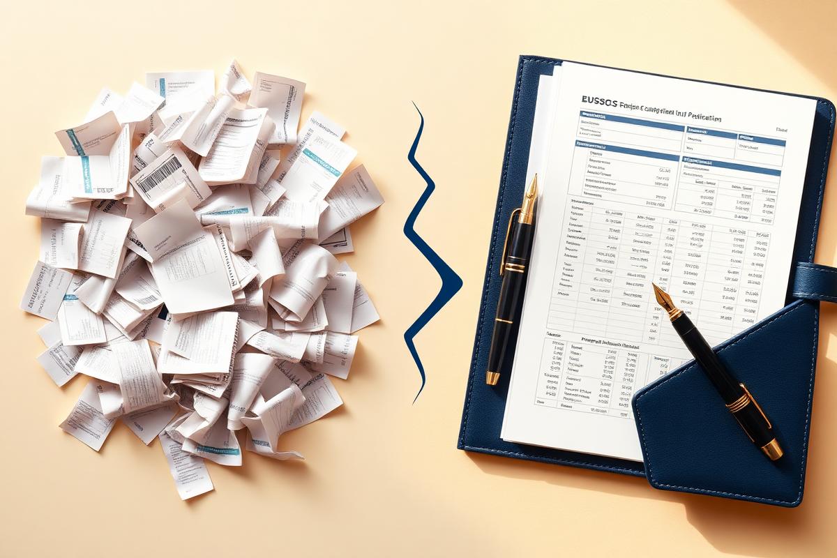 Messy receipts transformed into an organized financial report