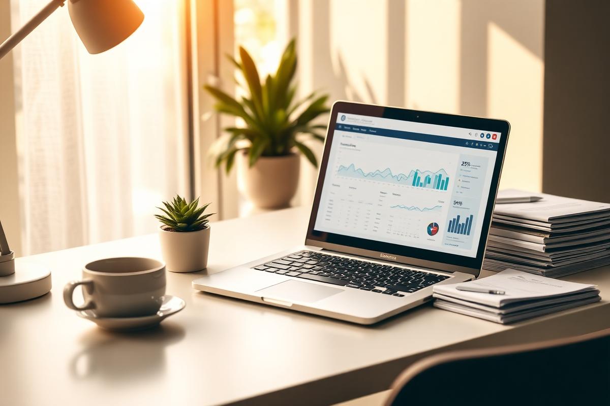 Clean accounting dashboard on a laptop with monthly reports