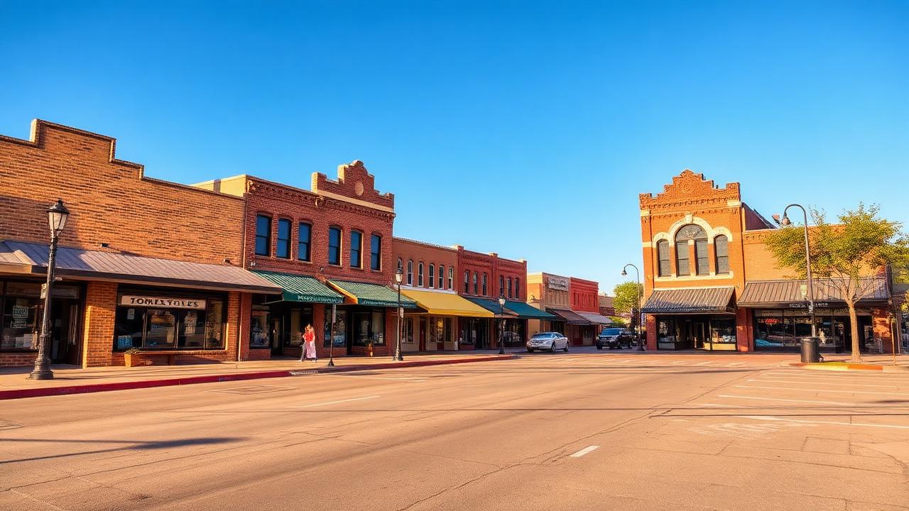 Historic main street in Tomball, TX with brick storefronts